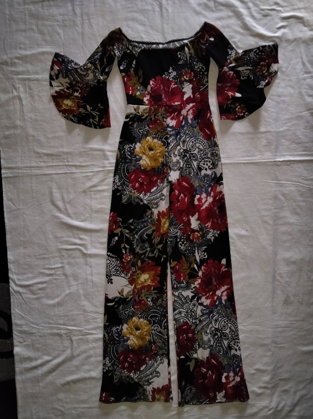 Floral Off-Shoulder Wide-Leg Jumpsuit in Black with Red & Yellow Blooms